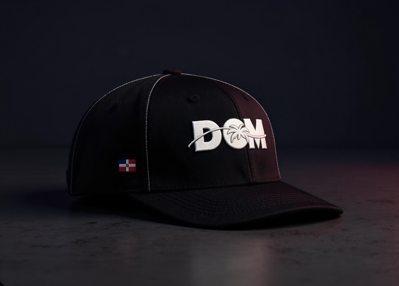 Black fitted cap with white DCM logo and Dominican flag side patch