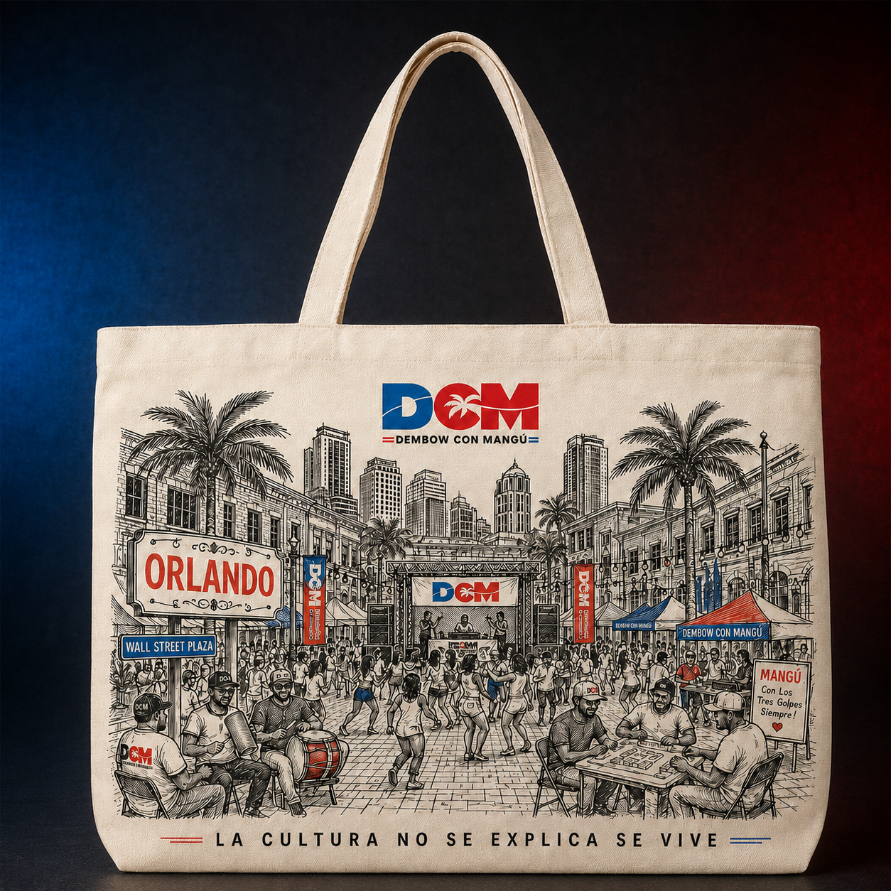 Natural canvas DCM Orlando festival tote featuring Wall Street Plaza artwork